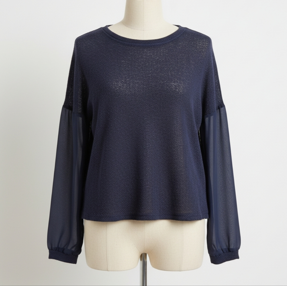 Sparkle and Fade Drop Shoulder Sheer Sleeve Navy Blouse M/L - Picture 1 of 8